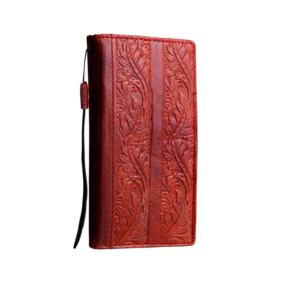 ARICHI Handmade Red Leather iPhone Case with Card Slots | Flower Embossed Vintage Style Wallet Cover