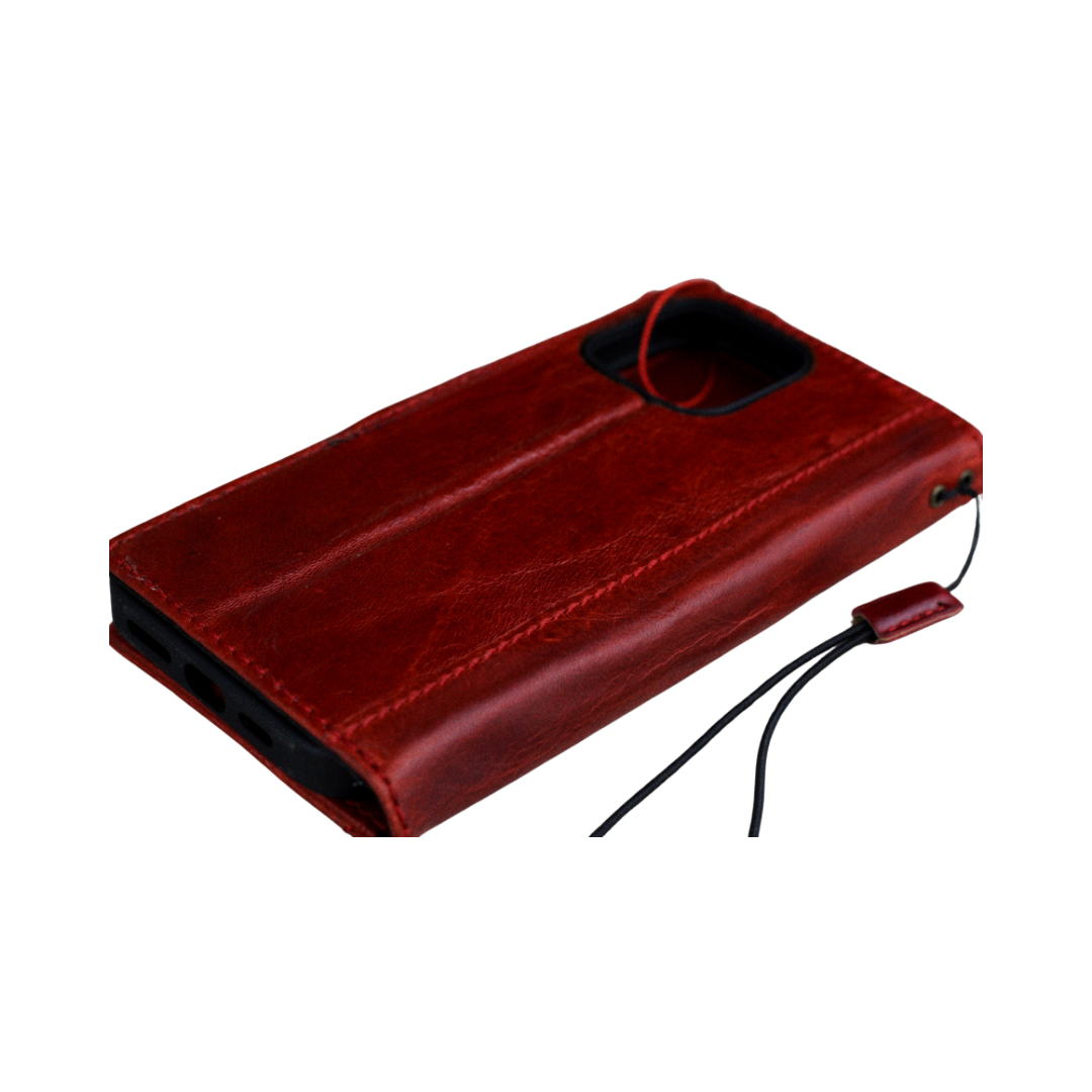 ARICHI Handmade Red Leather Pixel Case| Flower Embossed Wallet Cover