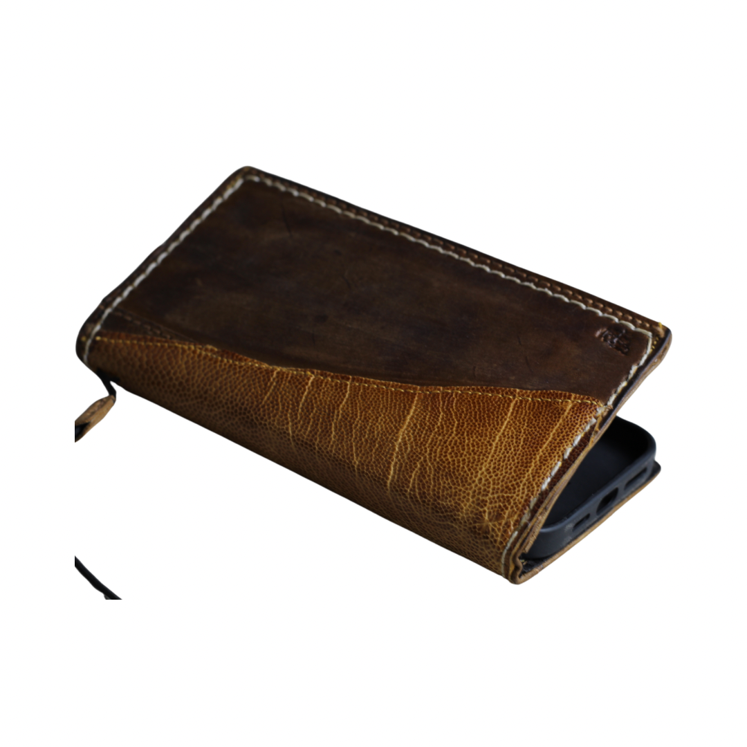 ARICHI Handmade Brown Leather OnePlus Case | Ostrich Accent | Hand Stitched Wallet Cover with Card Slots