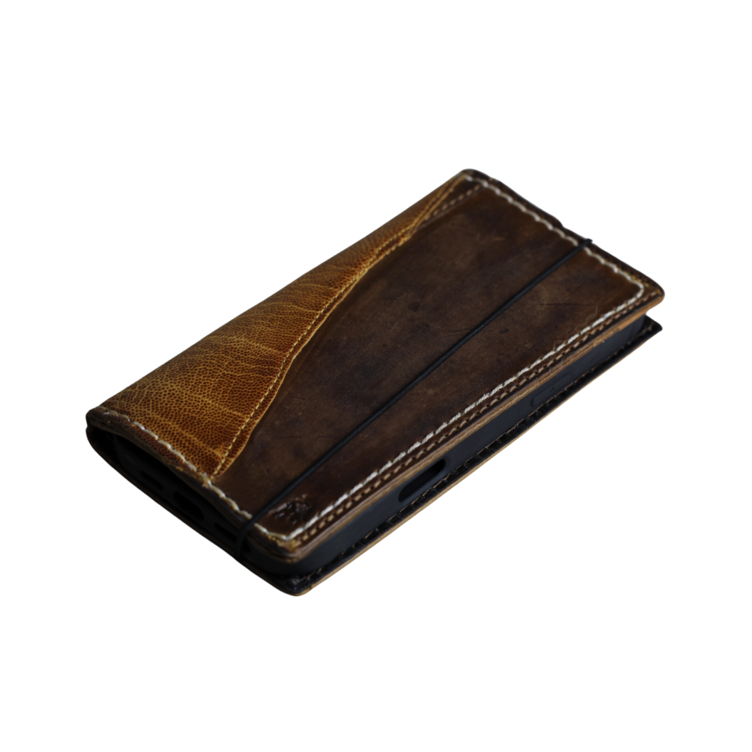ARICHI Handmade Brown Leather Oppo Case | Ostrich Accent | Hand Stitched Wallet Cover with Card Slots