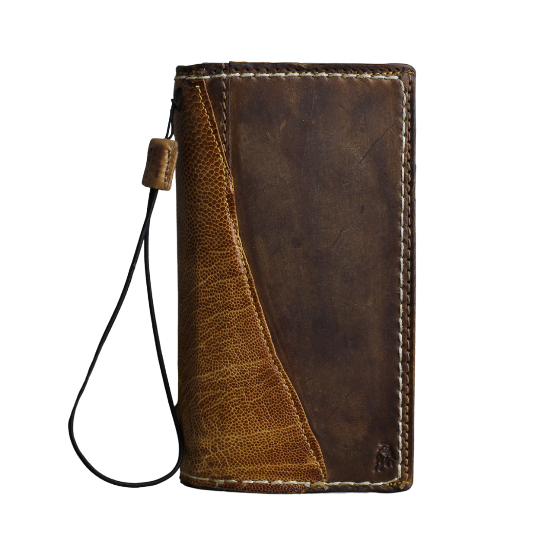 ARICHI Handmade Brown Leather Galaxy Case | Ostrich Accent | Hand Stitched Wallet Cover with Card Slots