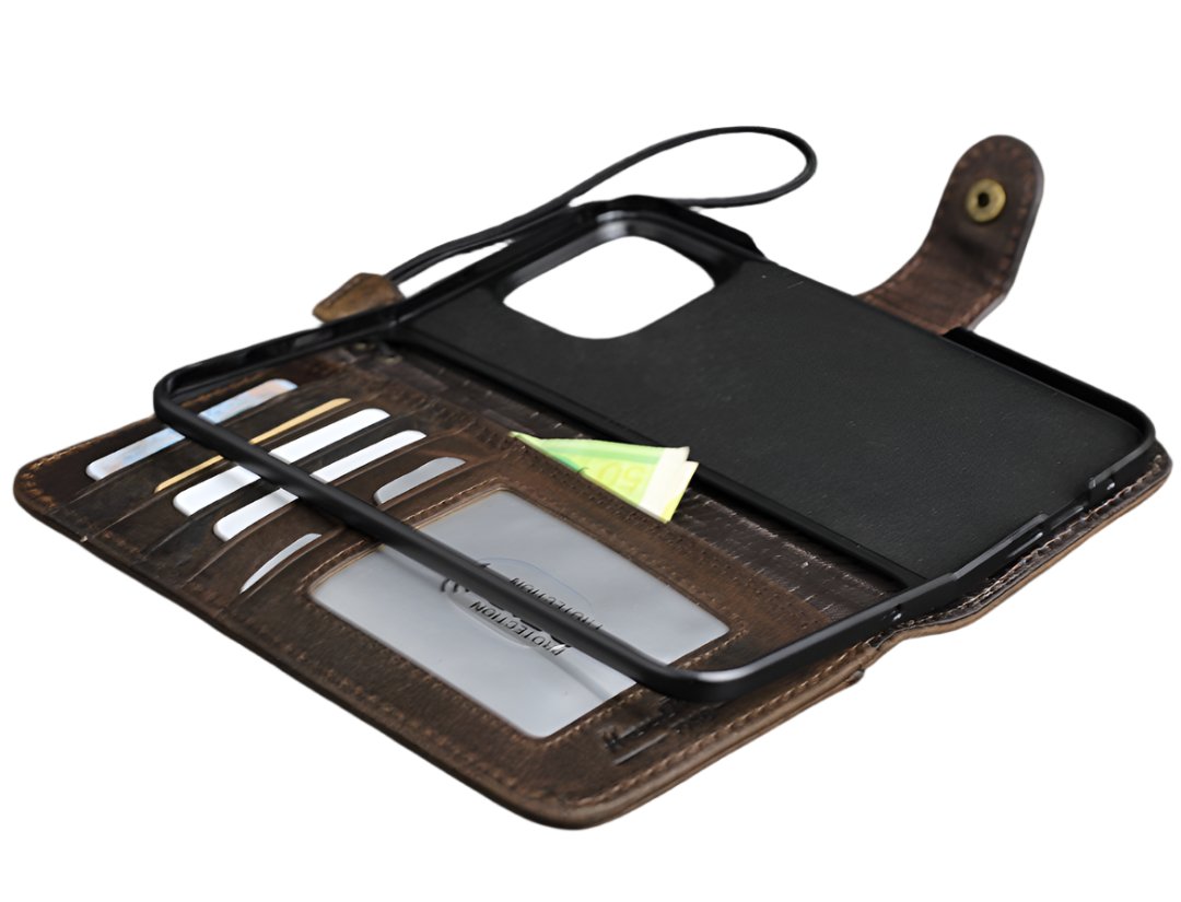 ARICHI Handmade Dark Leather iPhone Case – Magnetic Flap, Card Slots, Wireless Charging, Vintage Style for iPhone 11–17 Pro Max Air Wallet