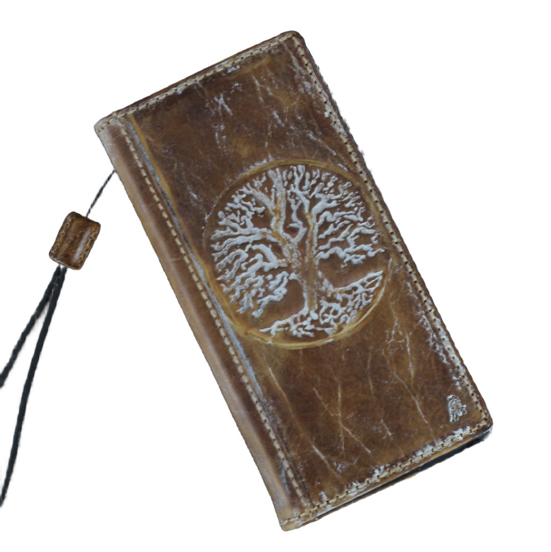 ARICHI Vintage Genuine Leather Wallet Case for Galaxy S26 Ultra, Note, Edge, Z Fold A56 | Handmade Book-Style Cover with White Tree of life Stamping