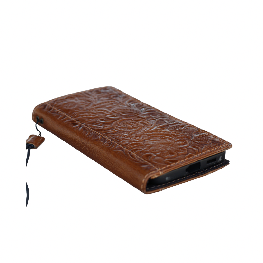 ARICHI® Handmade Tan Leather Floral Wallet Case – Samsung Galaxy S26 Ultra, A57 & All Models
