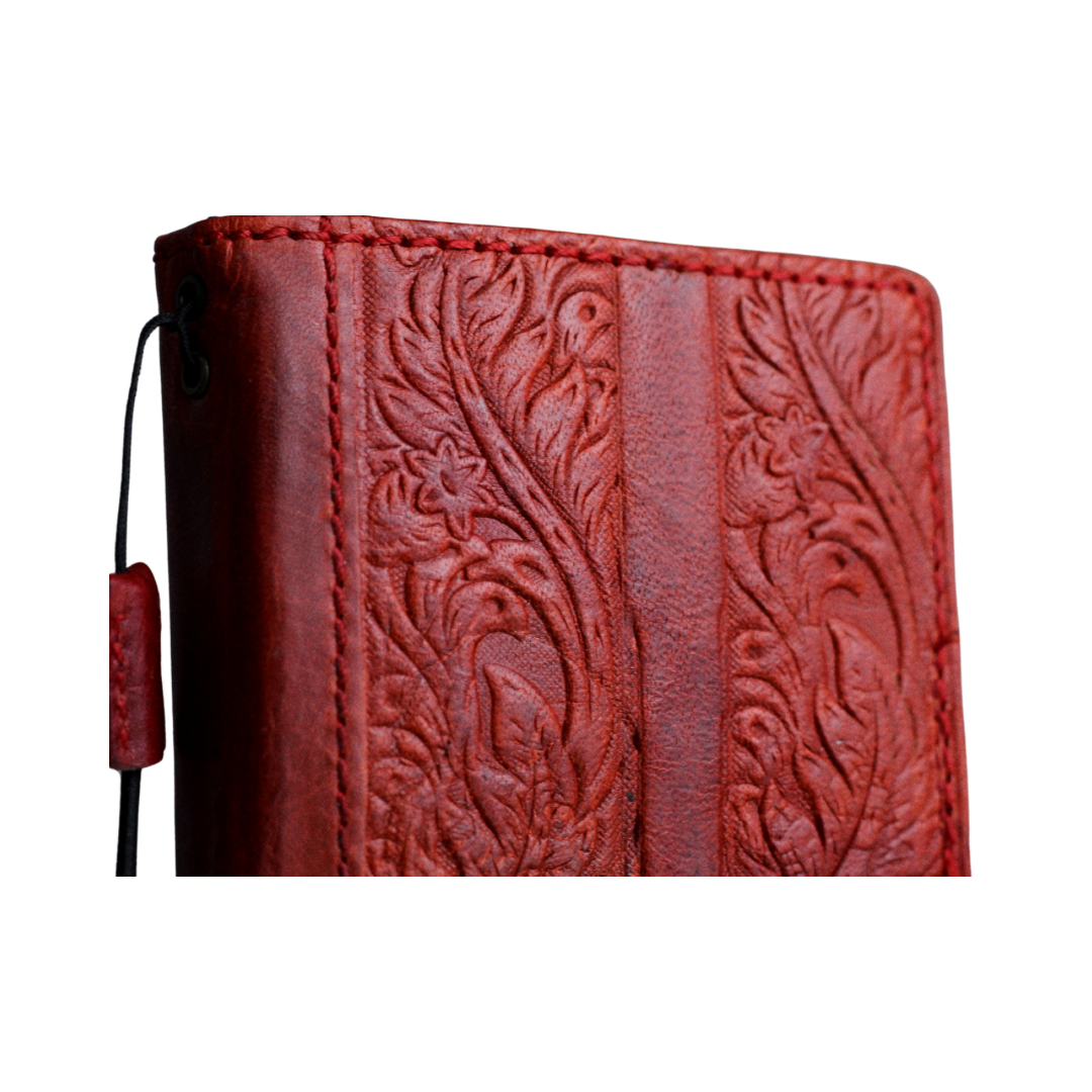 ARICHI Handmade Red Leather Pixel Case| Flower Embossed Wallet Cover