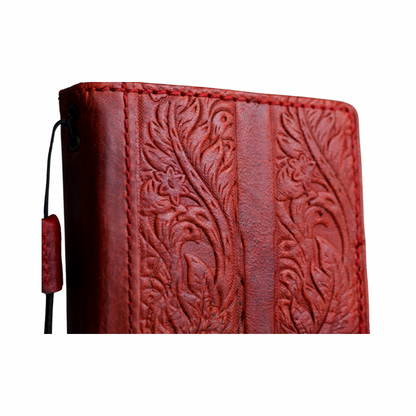 ARICHI Handmade Red Leather Pixel Case| Flower Embossed Wallet Cover