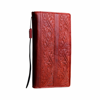 ARICHI Handmade Red Leather Pixel Case| Flower Embossed Wallet Cover