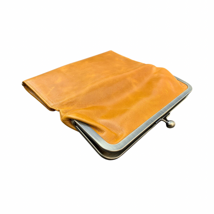 Vintage Honey Leather Wallet for Women, Kiss Lock Clutch Purse, Genuine Leather Card Holder Wallet, Handmade 60s Style Wallet