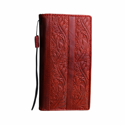 ARICHI Handmade Red Leather Pixel Case| Flower Embossed Wallet Cover