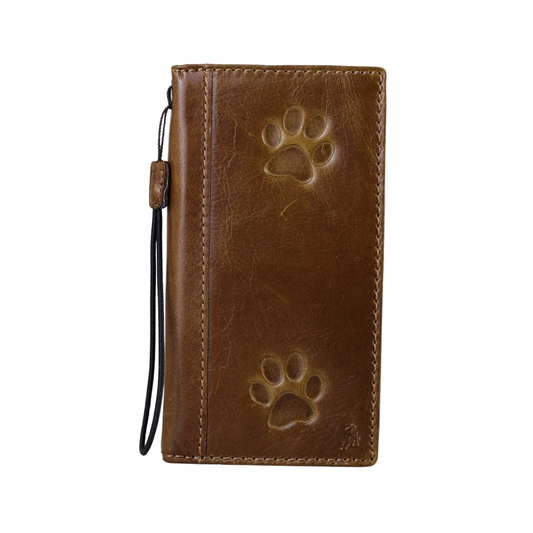 ARICHI Genuine Leather Dog Paw Case for Google Pixel – Handmade Tan Cover with Stamped Dog Paw Design & Card Slots