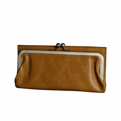 Vintage Honey Leather Wallet for Women, Kiss Lock Clutch Purse, Genuine Leather Card Holder Wallet, Handmade 60s Style Wallet