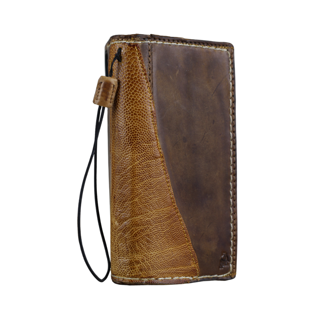ARICHI Handmade Brown Leather OnePlus Case | Ostrich Accent | Hand Stitched Wallet Cover with Card Slots
