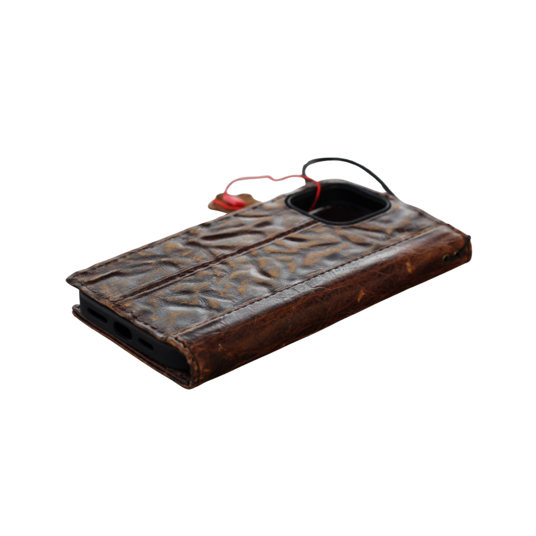 ARICHI Genuine Leather Handmade Brown Wrinkled Leather iPhone Wallet Case: Vintage Book-Style with Card Slots