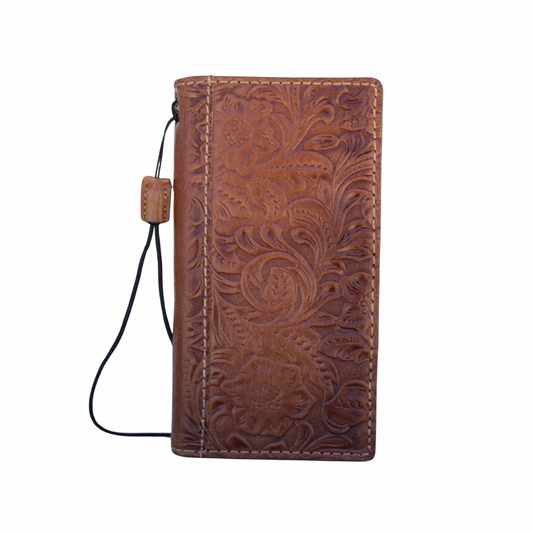 ARICHI® Handmade Tan Leather Floral Wallet Case – Samsung Galaxy S26 Ultra, A57 & All Models