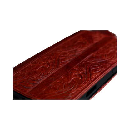 ARICHI Handmade Red Leather Pixel Case| Flower Embossed Wallet Cover