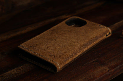 Handmade Suede Leather Wallet Phone Case – Rustic Full Grain Folio Cover for iPhone