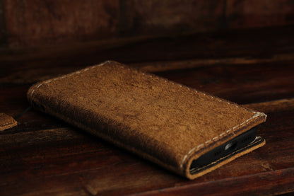 Handmade Suede Leather Wallet Phone Case – Rustic Full Grain Folio Cover for iPhone
