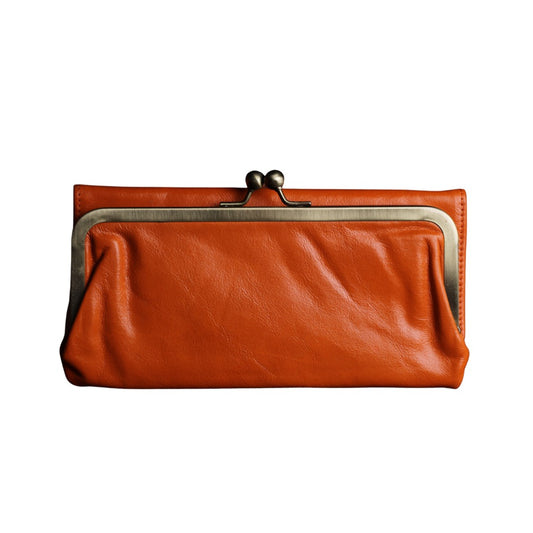 Vintage Cognac Leather Wallet for Women, Vintage Kiss Lock Clutch Purse, Genuine Leather Card Holder Wallet, Handmade 60s Style Wallet