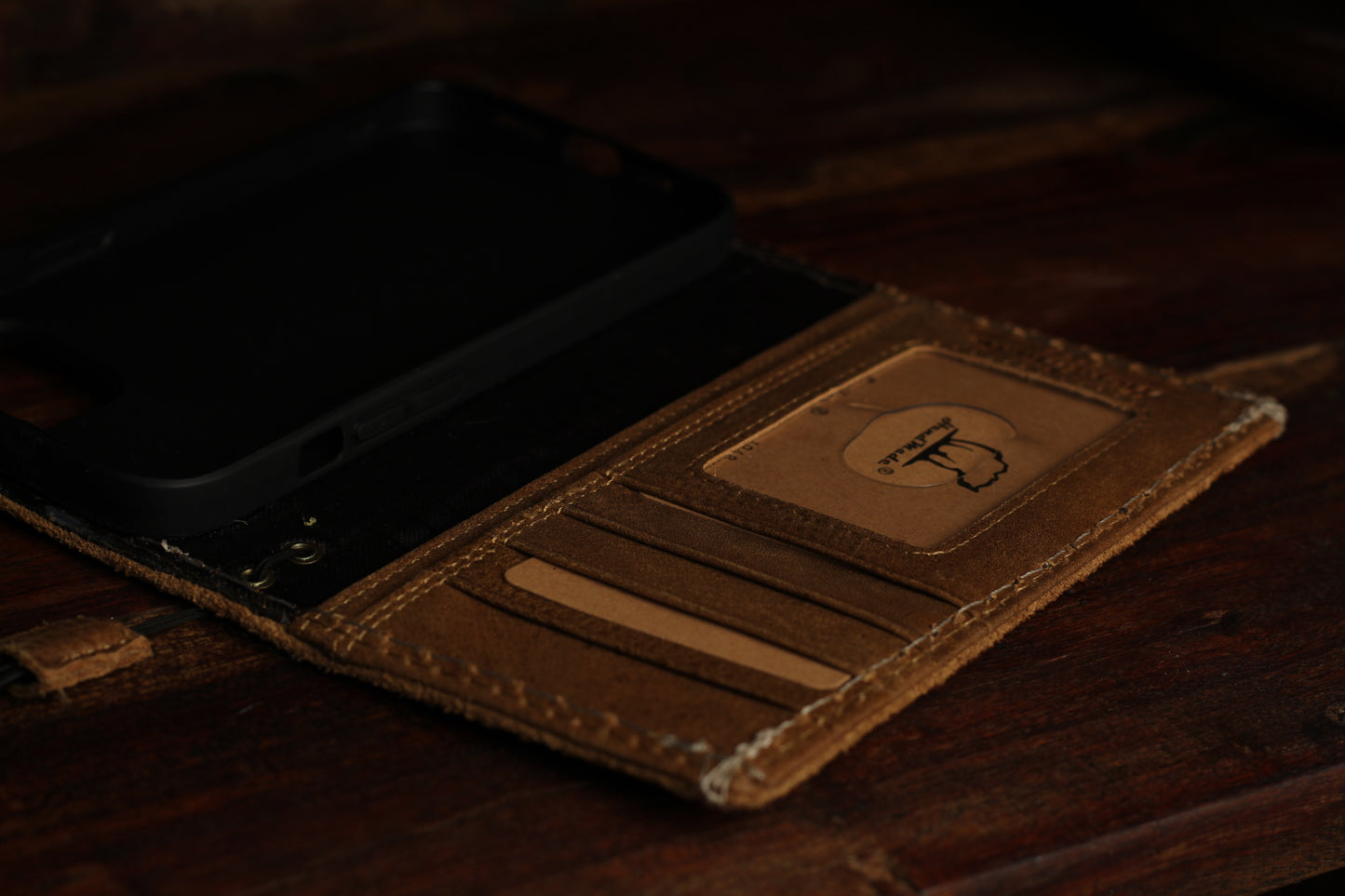 Handmade Suede Leather Wallet Phone Case – Rustic Full Grain Folio Cover for iPhone