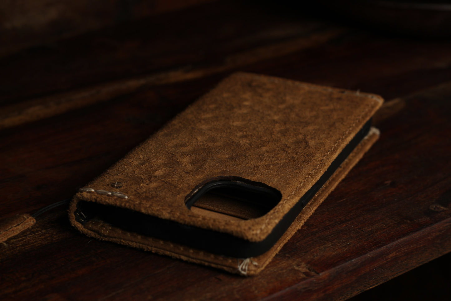 Handmade Suede Leather Wallet Phone Case – Rustic Full Grain Folio Cover for iPhone