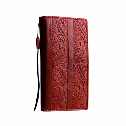 ARICHI Handmade Red Leather Pixel Case| Flower Embossed Wallet Cover