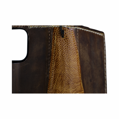 ARICHI Handmade Brown Leather OnePlus Case | Ostrich Accent | Hand Stitched Wallet Cover with Card Slots