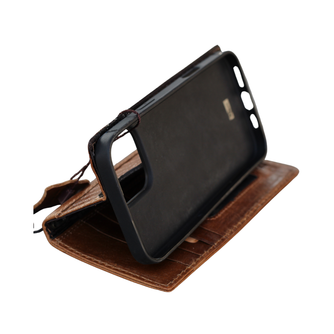 Handmade Genuine Leather Phone Wallet Case – Crocodile Embossed Fits iPhone 17 16 15 14 Christmas Gift | Luxury Brown Leather Flip Cover with Card Slots