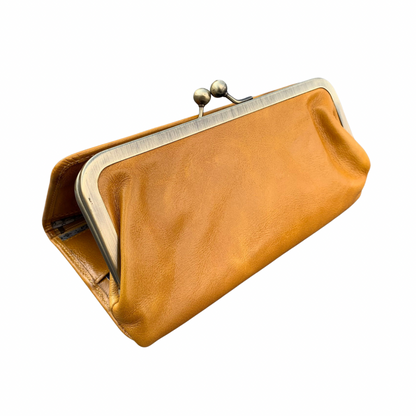 Vintage Honey Leather Wallet for Women, Kiss Lock Clutch Purse, Genuine Leather Card Holder Wallet, Handmade 60s Style Wallet