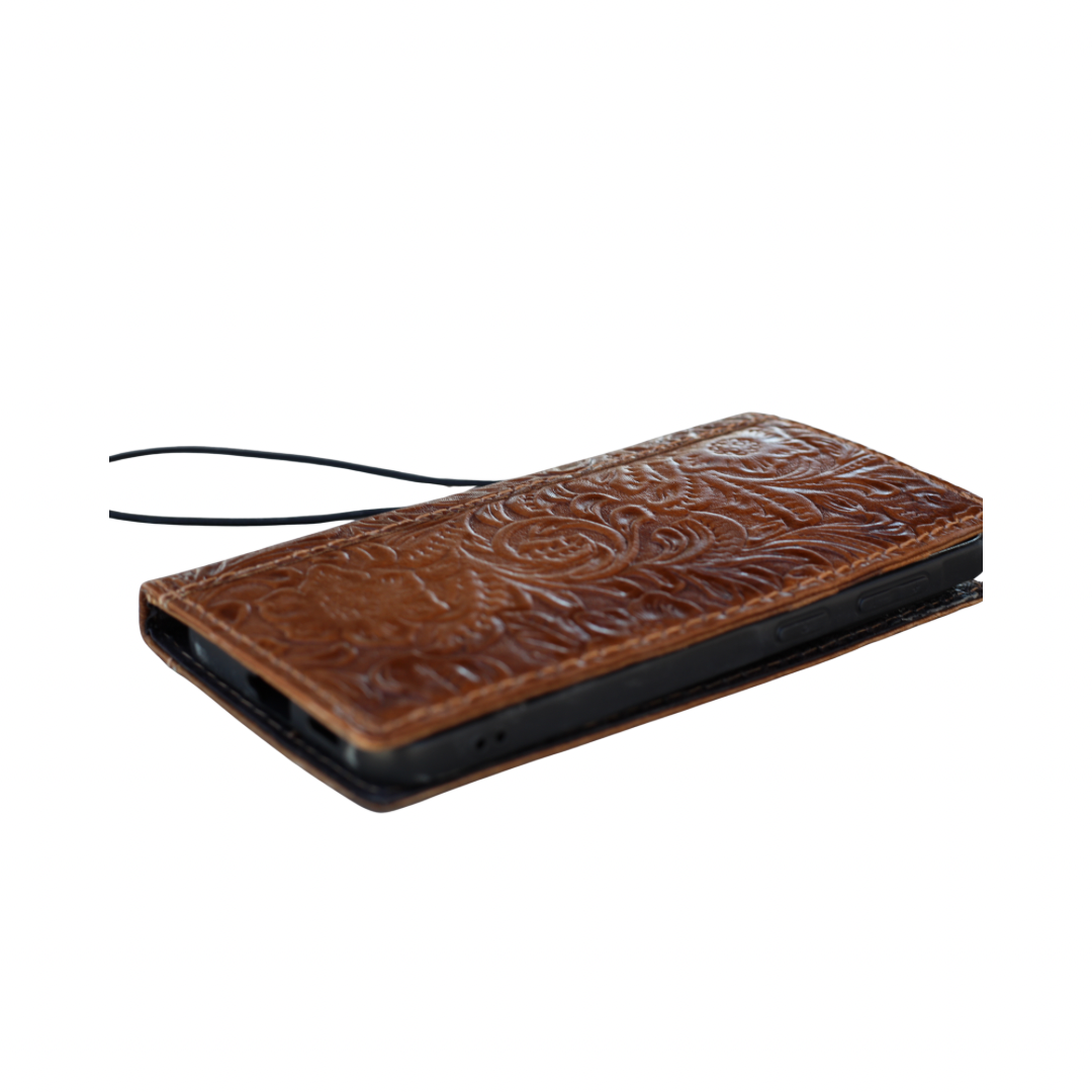 ARICHI® Handmade Tan Leather Floral Wallet Case – Samsung Galaxy S26 Ultra, A57 & All Models