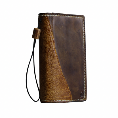 ARICHI Handmade Brown Leather OnePlus Case | Ostrich Accent | Hand Stitched Wallet Cover with Card Slots