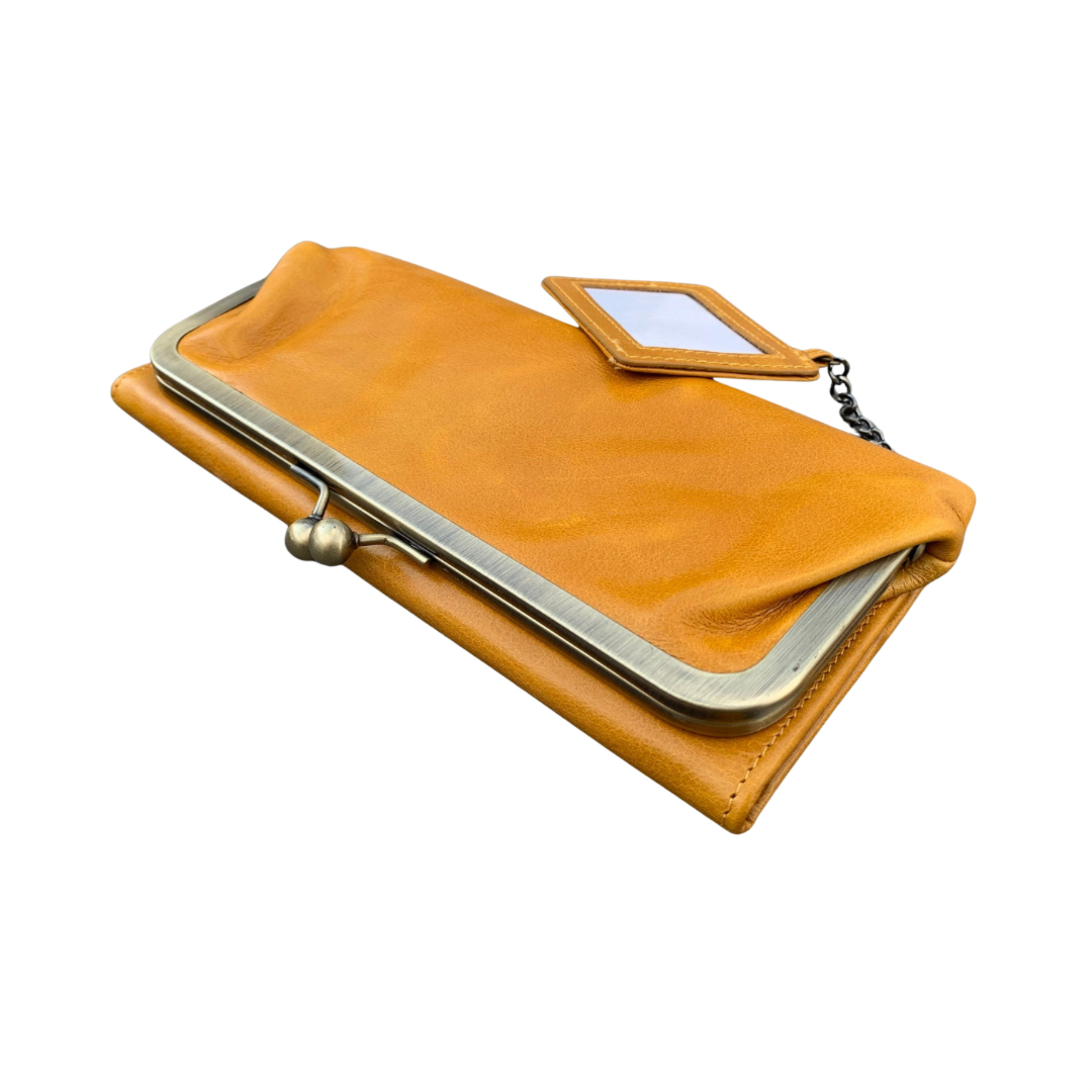 Vintage Honey Leather Wallet for Women, Kiss Lock Clutch Purse, Genuine Leather Card Holder Wallet, Handmade 60s Style Wallet