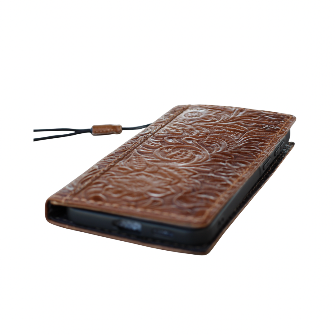 ARICHI® Handmade Tan Leather Floral Wallet Case – Samsung Galaxy S26 Ultra, A57 & All Models