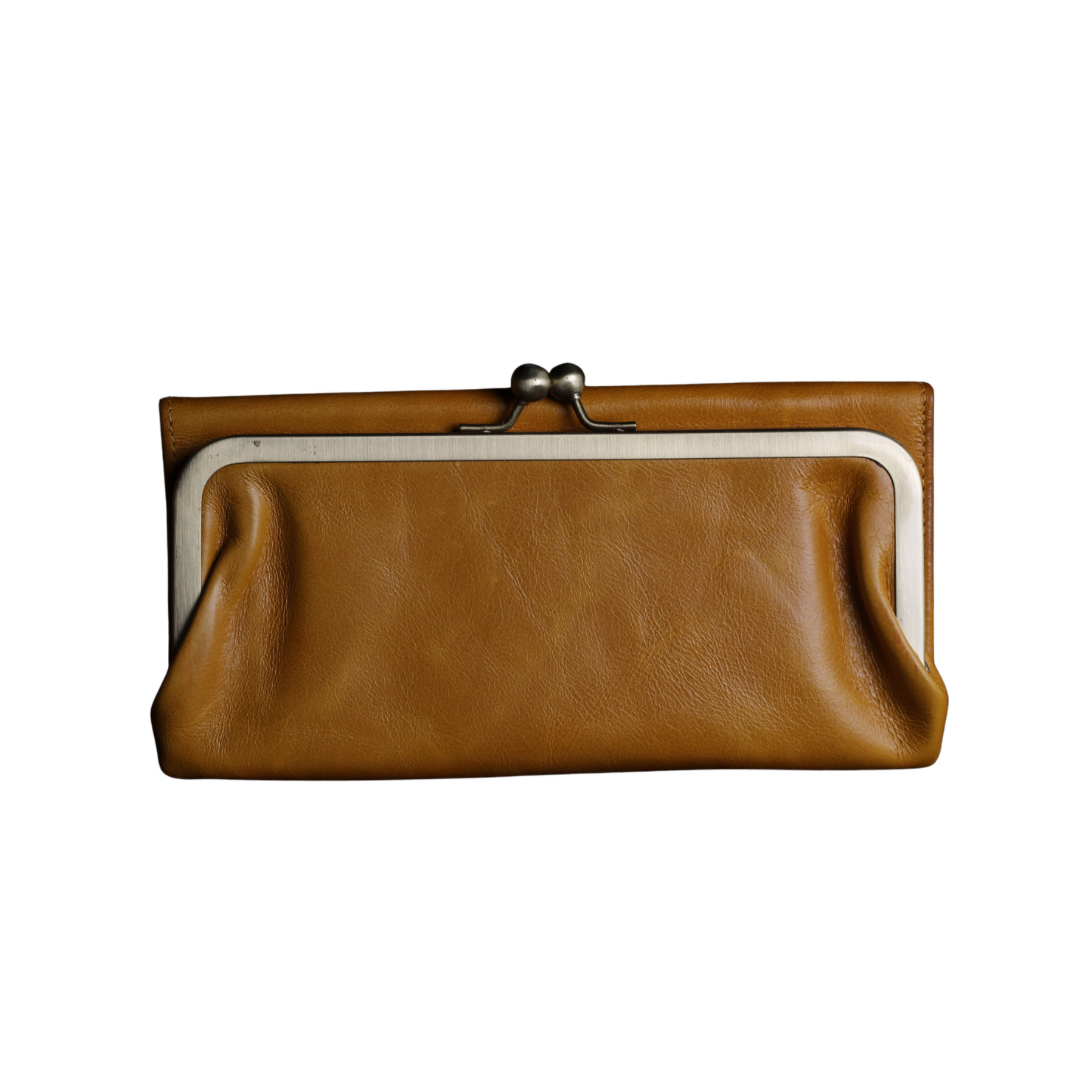 Vintage Honey Leather Wallet for Women, Kiss Lock Clutch Purse, Genuine Leather Card Holder Wallet, Handmade 60s Style Wallet