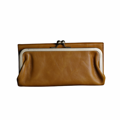 Vintage Honey Leather Wallet for Women, Kiss Lock Clutch Purse, Genuine Leather Card Holder Wallet, Handmade 60s Style Wallet