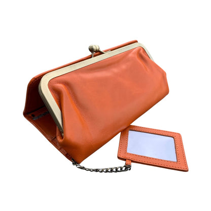 Vintage Cognac Leather Wallet for Women, Vintage Kiss Lock Clutch Purse, Genuine Leather Card Holder Wallet, Handmade 60s Style Wallet
