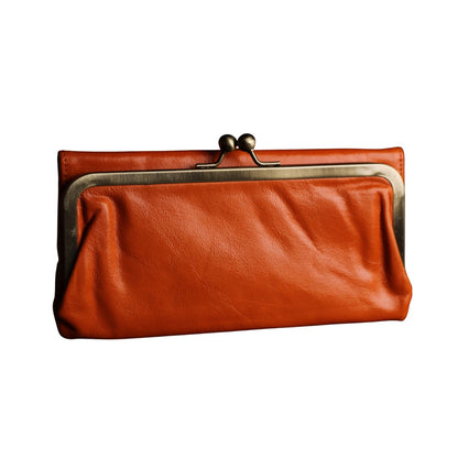 Vintage Cognac Leather Wallet for Women, Vintage Kiss Lock Clutch Purse, Genuine Leather Card Holder Wallet, Handmade 60s Style Wallet