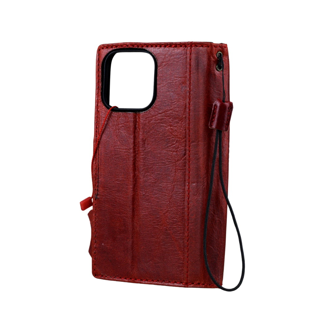 ARICHI Handmade Red Leather Pixel Case| Flower Embossed Wallet Cover