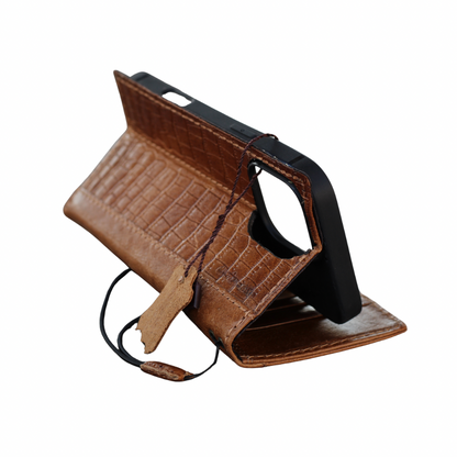 Handmade Genuine Leather Phone Wallet Case – Crocodile Embossed Fits iPhone 17 16 15 14 Christmas Gift | Luxury Brown Leather Flip Cover with Card Slots