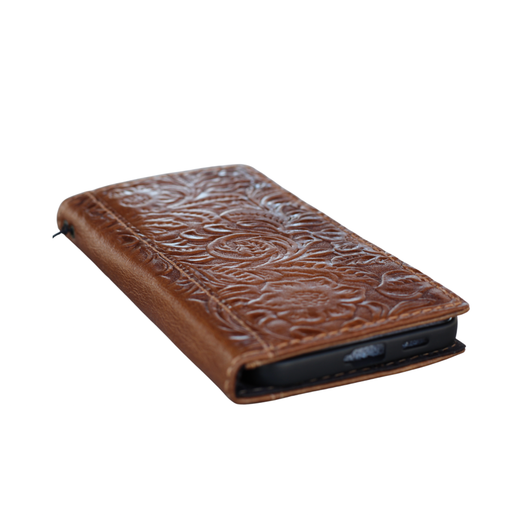 ARICHI® Handmade Tan Leather Floral Wallet Case – Samsung Galaxy S26 Ultra, A57 & All Models