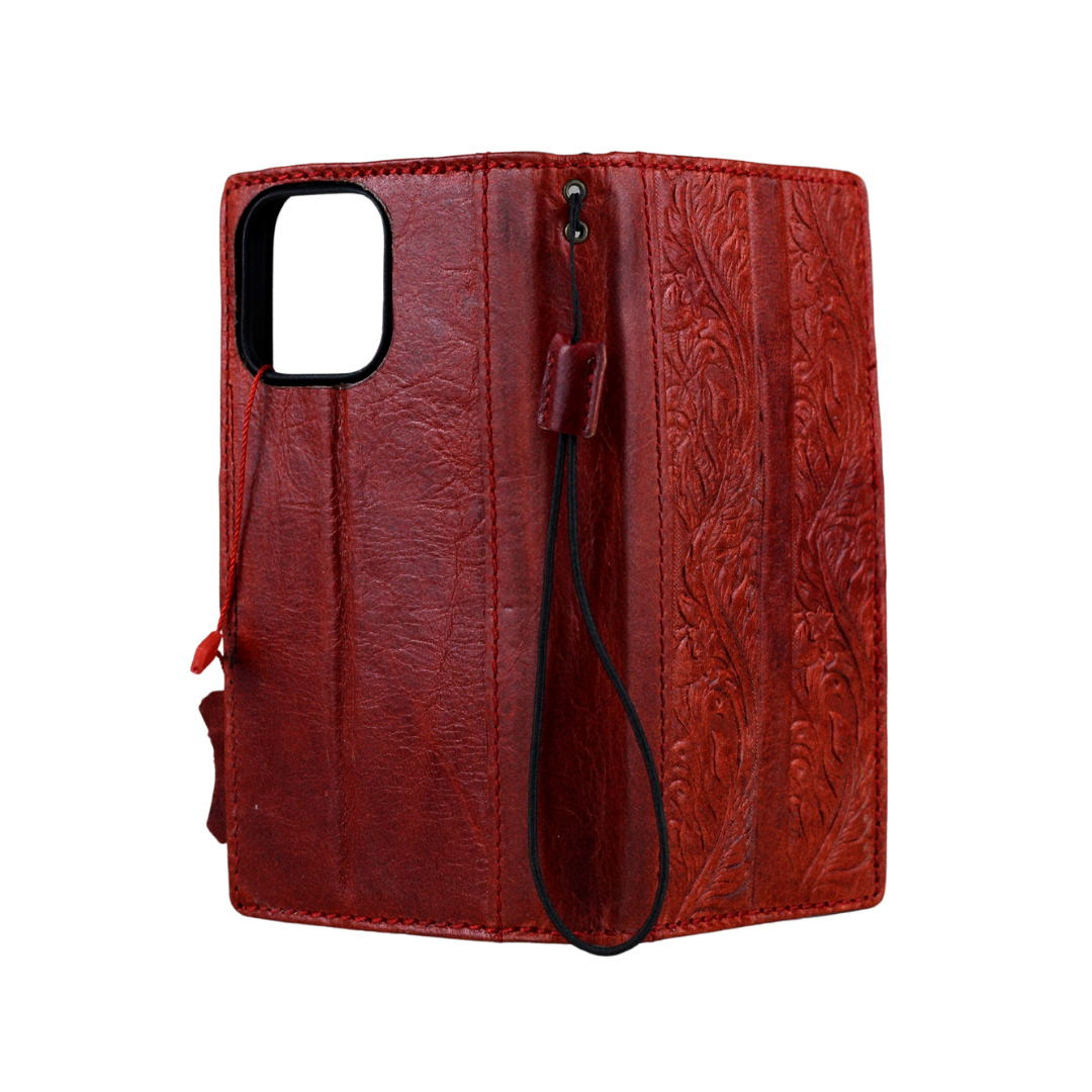 ARICHI Handmade Red Leather Pixel Case| Flower Embossed Wallet Cover