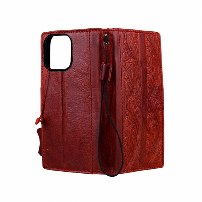 ARICHI Handmade Red Leather Pixel Case| Flower Embossed Wallet Cover