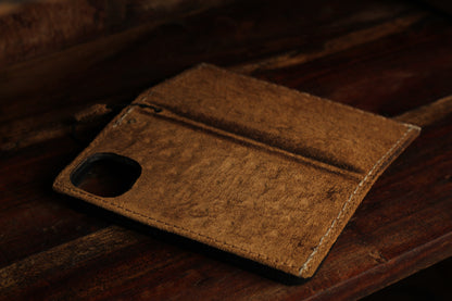 Handmade Suede Leather Wallet Phone Case – Rustic Full Grain Folio Cover for iPhone