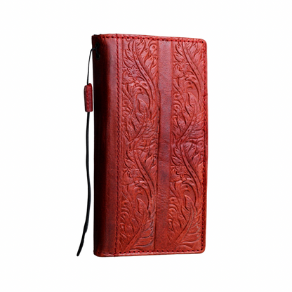 ARICHI Handmade Red Leather Pixel Case| Flower Embossed Wallet Cover