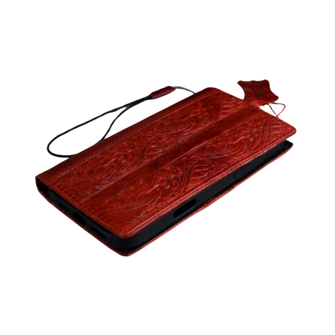 ARICHI Handmade Red Leather Pixel Case| Flower Embossed Wallet Cover