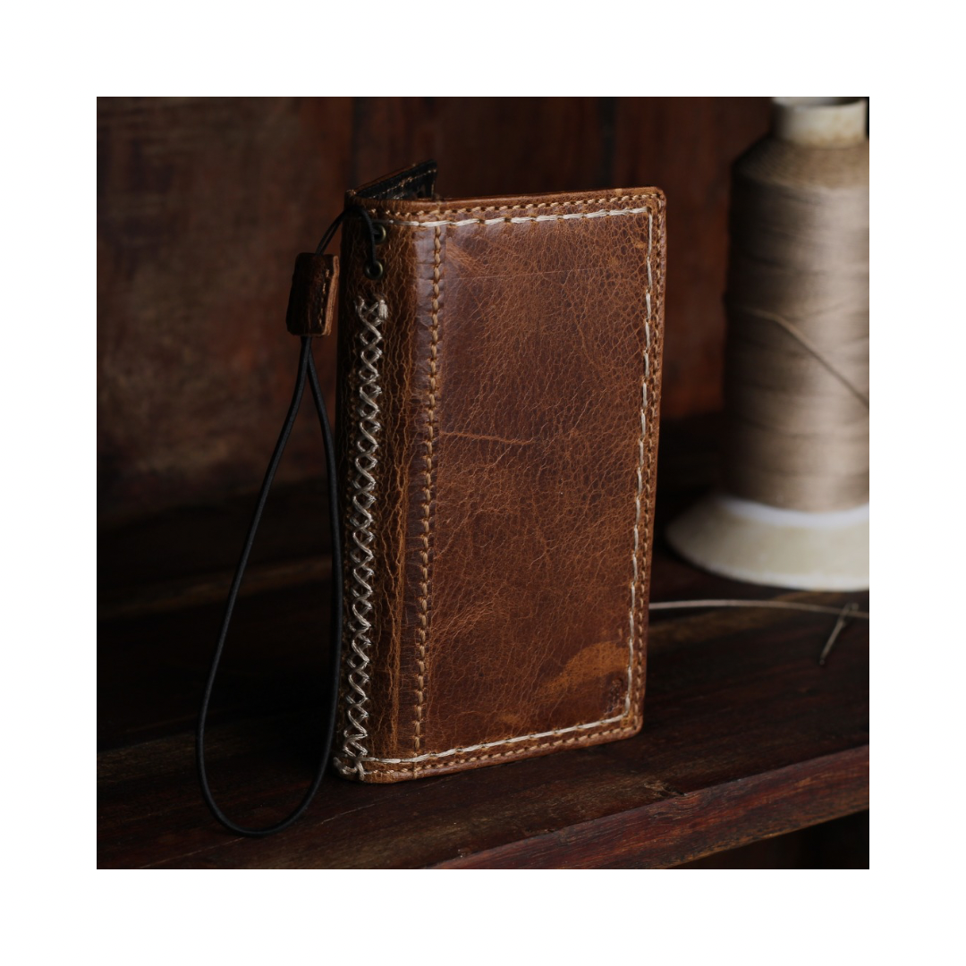 Hand stitched X spine crazy horse leather wallet case with card slots