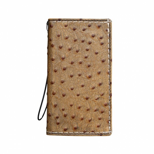 Handmade ostrich leather wallet case for Samsung Galaxy S26 Ultra with white stitching