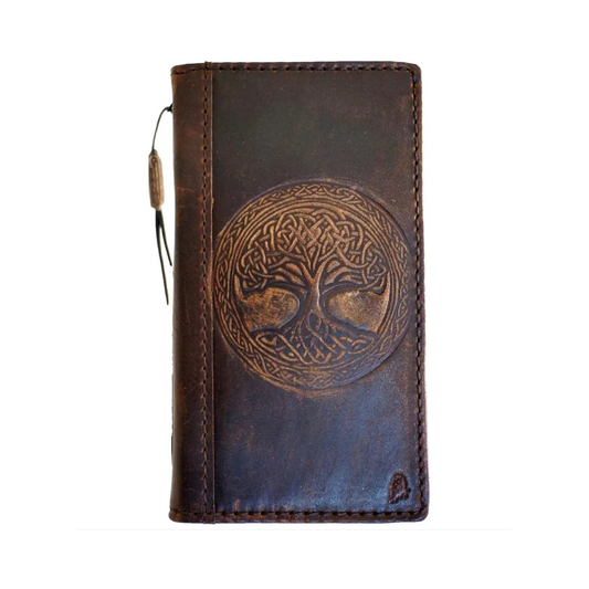 Handmade Dark Brown Leather Samsung GalaxyS26,  S25 Edge, S24, S23, S22 Ultra, Fe Case with Tree of Life Embossing, Card Slots