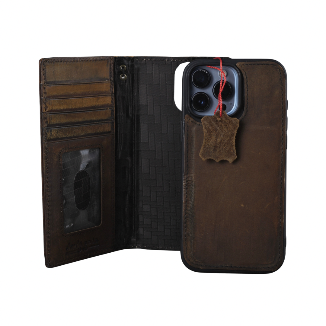 ARICHI Handmade Leather iPhone Case – Removable Magnetic Wallet Style, Tan Waxed Finish, Card Slots for iPhone 11–17 Pro Max SE XS