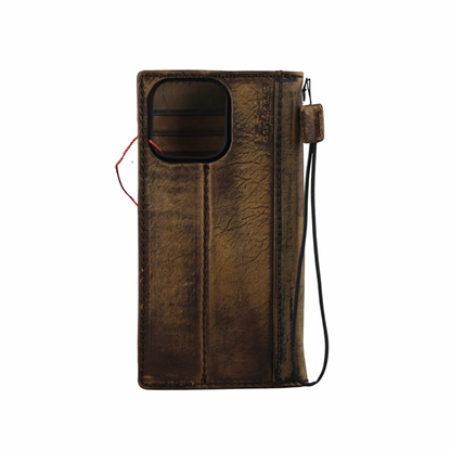 ARICHI Handmade Leather iPhone Case – Removable Magnetic Wallet Style, Tan Waxed Finish, Card Slots for iPhone 11–17 Pro Max SE XS