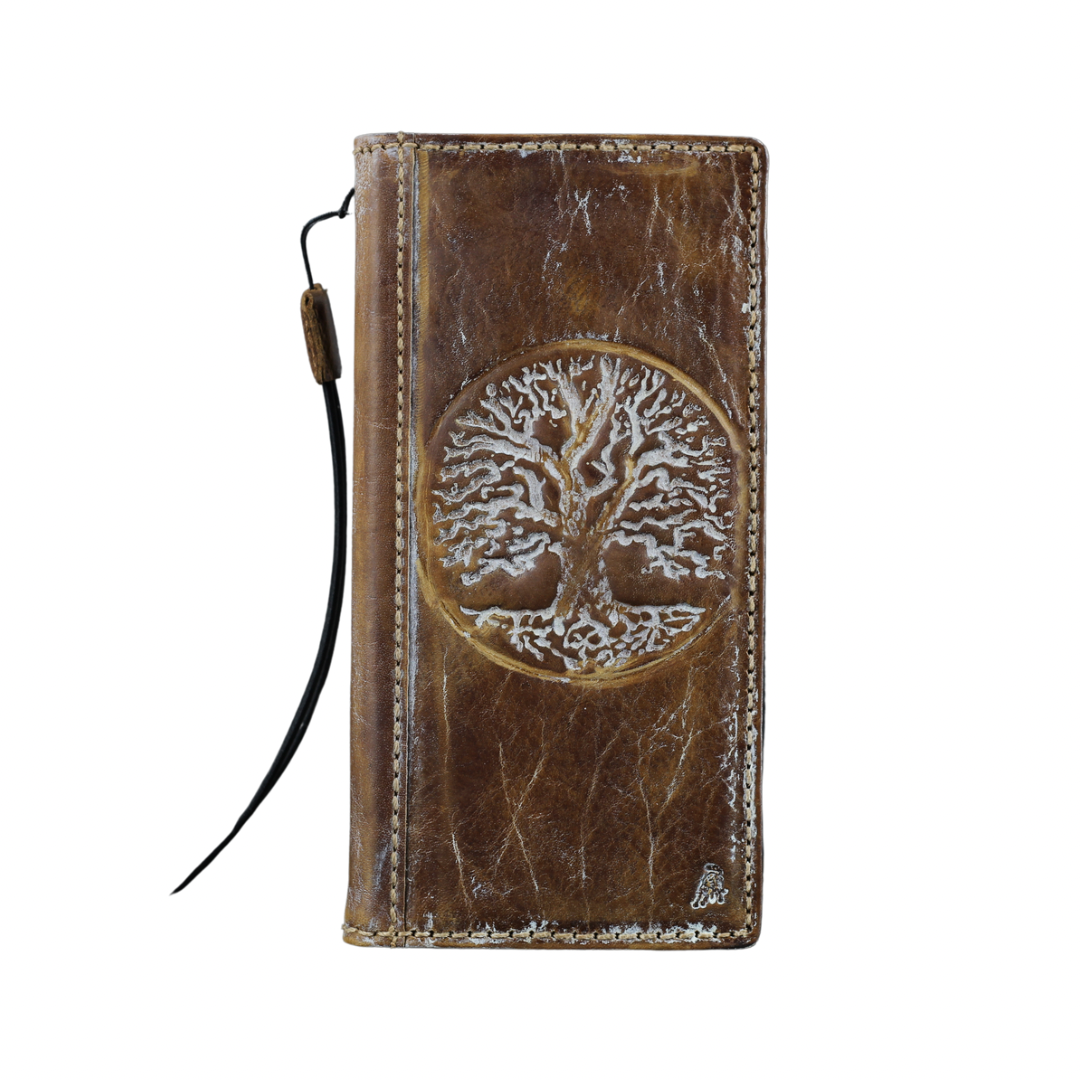 ARICHI Genuine Vintage Leather Wallet Phone Case for Google Pixel 4-10 Pro XL | Handmade Book-Style Cover with white Tree Of Life Embossing